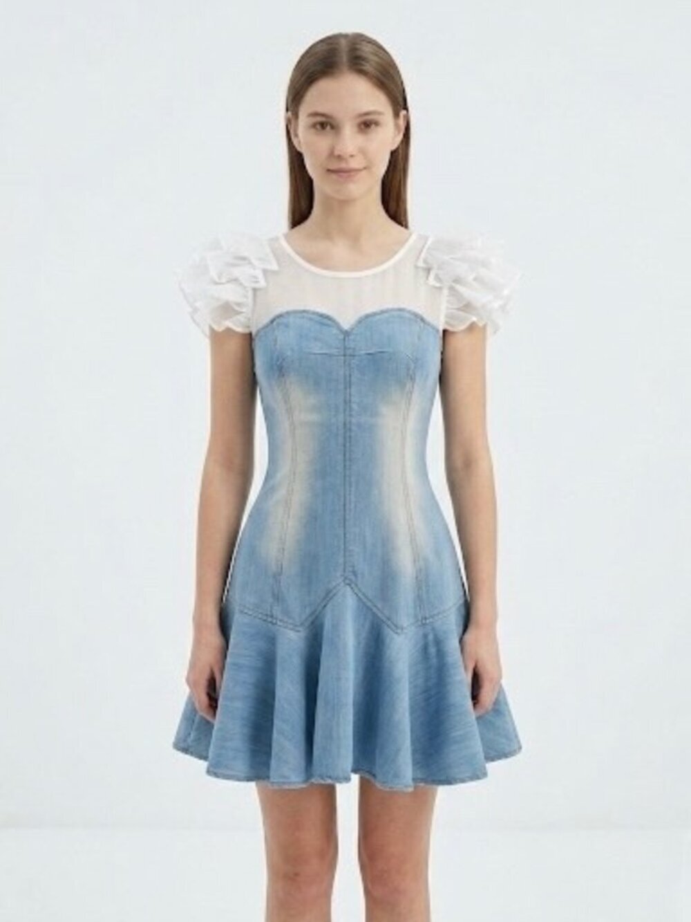 Denim Corset Fit Flare Mini Dress Mesh Ruffle Sleeve Light Wash S Summer Casual